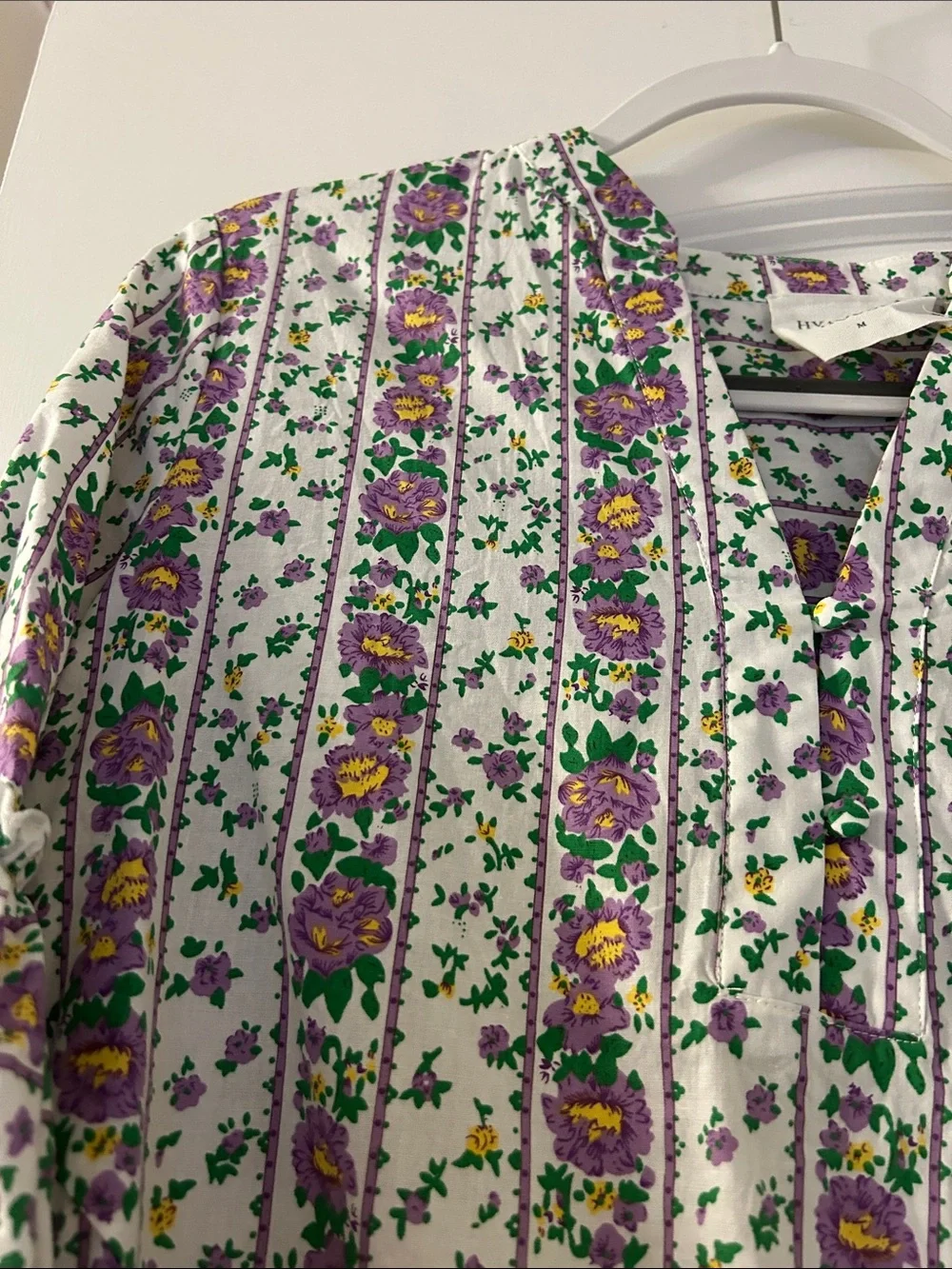 Tuckernuck Floral Stripe Boho Blouse in White, Purple & Green - Picture 2 of 3